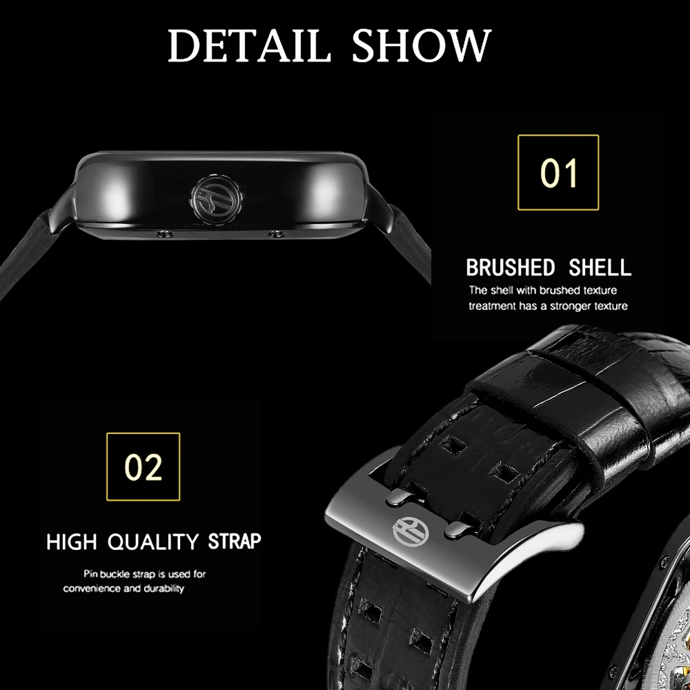 FORSINING Herrenuhr mit graviertem quadratischem Gehäuse, schwarz, silbrig, automatisches Skelett, mechanisch, leuchtende Zeiger, echtes Leder, Herrenuhr