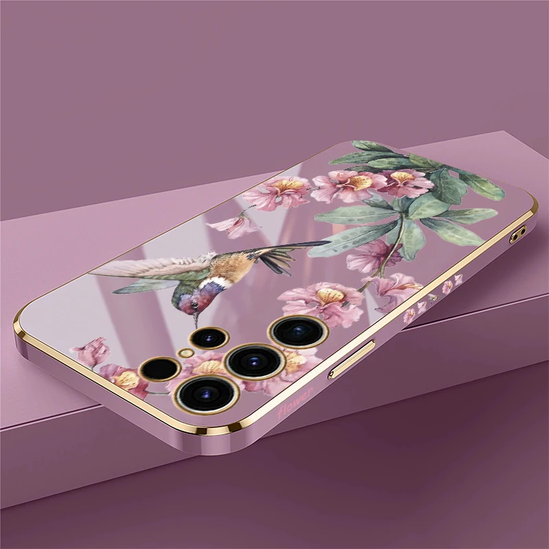 Phone Case For Samsung Galaxy S24 S21 FE S 25 Ultra S25 Plus 5G S23 FE S 24 S22 Plus Flower Bird Plating Protective Cover