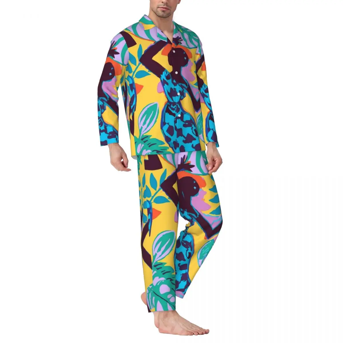 Pajamas Mens African Women Dancing Daily Nightwear Joyful and Colorful Art 2 Piece Vintage Pajama Sets Oversized Home Suit