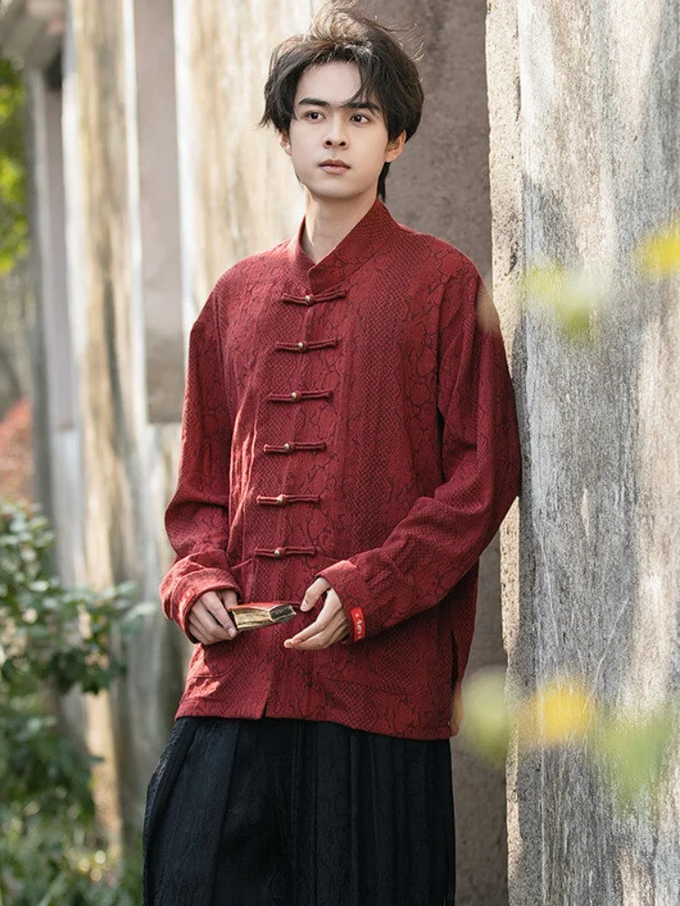 

New Chinese Style Men's Long Sleeve Shirt with Button Spring Autumn Pattern Snake Skin Floral Embroidery Traditional Hanfu Tr...