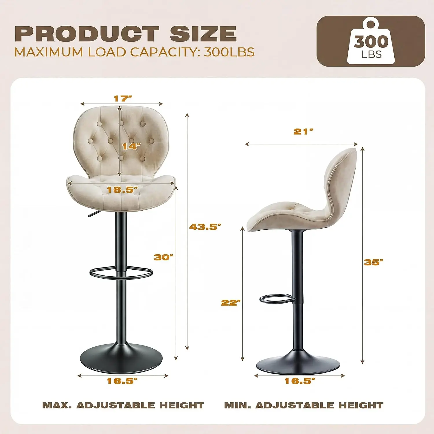 Bar Stools Set of 4, Modern Swivel Adjustable Bar Chairs, Chenille Fabric Upholstered Counter Height Bar Stools, Customized