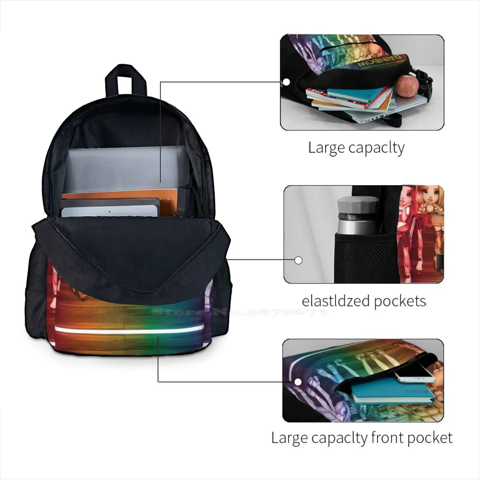 Rainbow High Group Artwork Large Capacity School Backpack Laptop Bags Rainbow High Group Rainbowhigh Violetwillow Rubyanderson