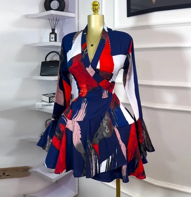 

Womens Dresses 2025 Summer New Sweet and Fresh Printed V-Neck Lace Up Trumpet Sleeves High Waist Casual Mini Dress Short Skirt