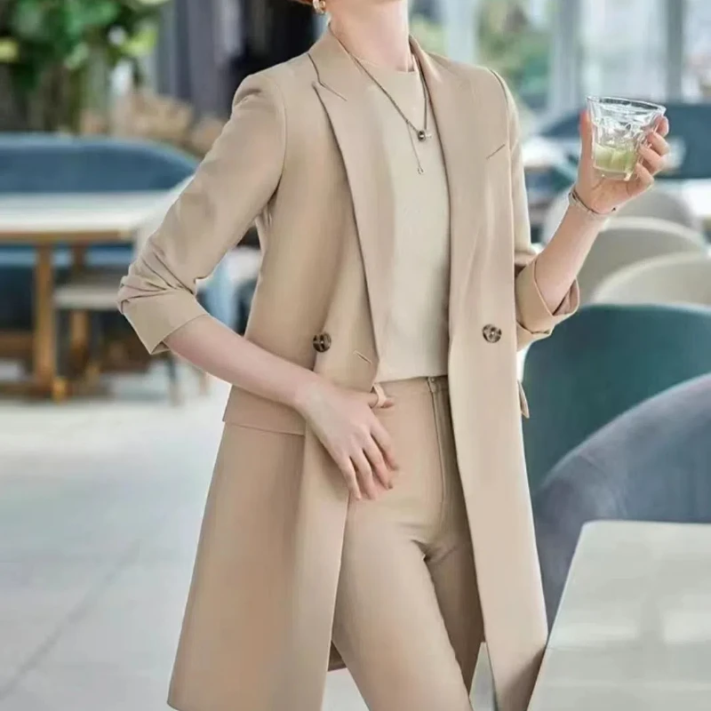 Women's Clothing Turn-down Collar Spring Autumn Solid Color Button Up Blazers Cardigan Pockets Long Sleeve Coats Suits Tops