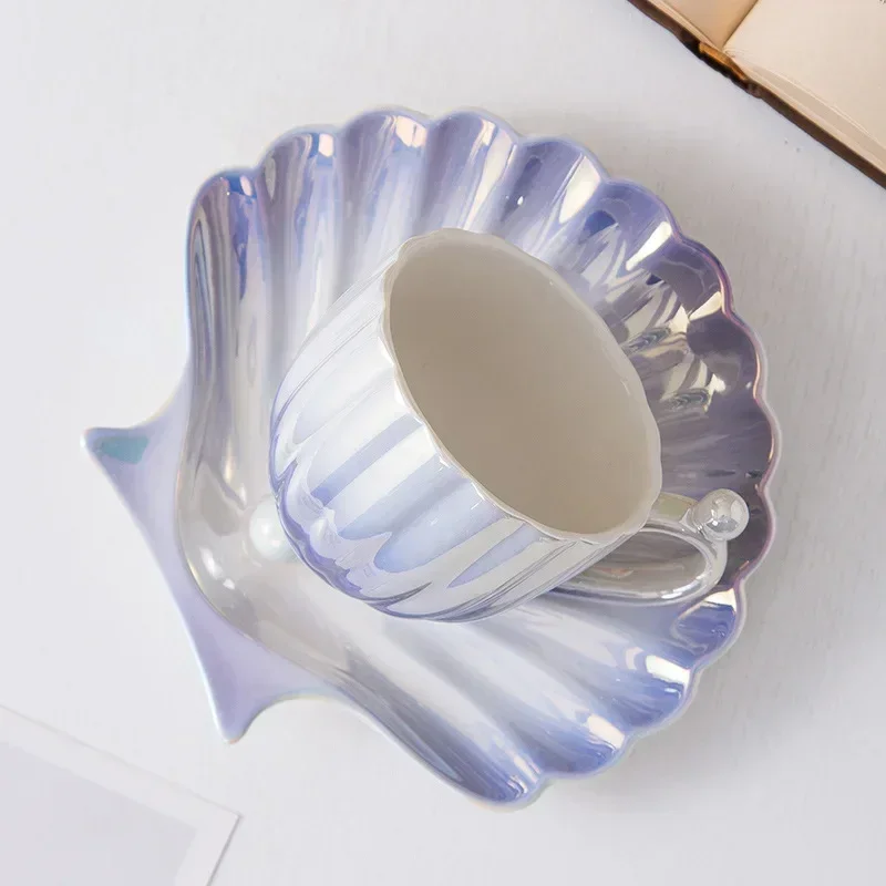 Ins Style Gradient Pearl Shell Household Good-looking Afternoon Tea Cup and Saucer Exquisite Ceramic Coffee Cup Cup Set