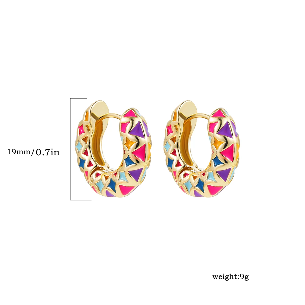 Vintage Enamel Colorful Argyle Round Circles Huggies for Women Ethnic Geometric Pattern Gold Plated Hoop Earring Ear Buckles