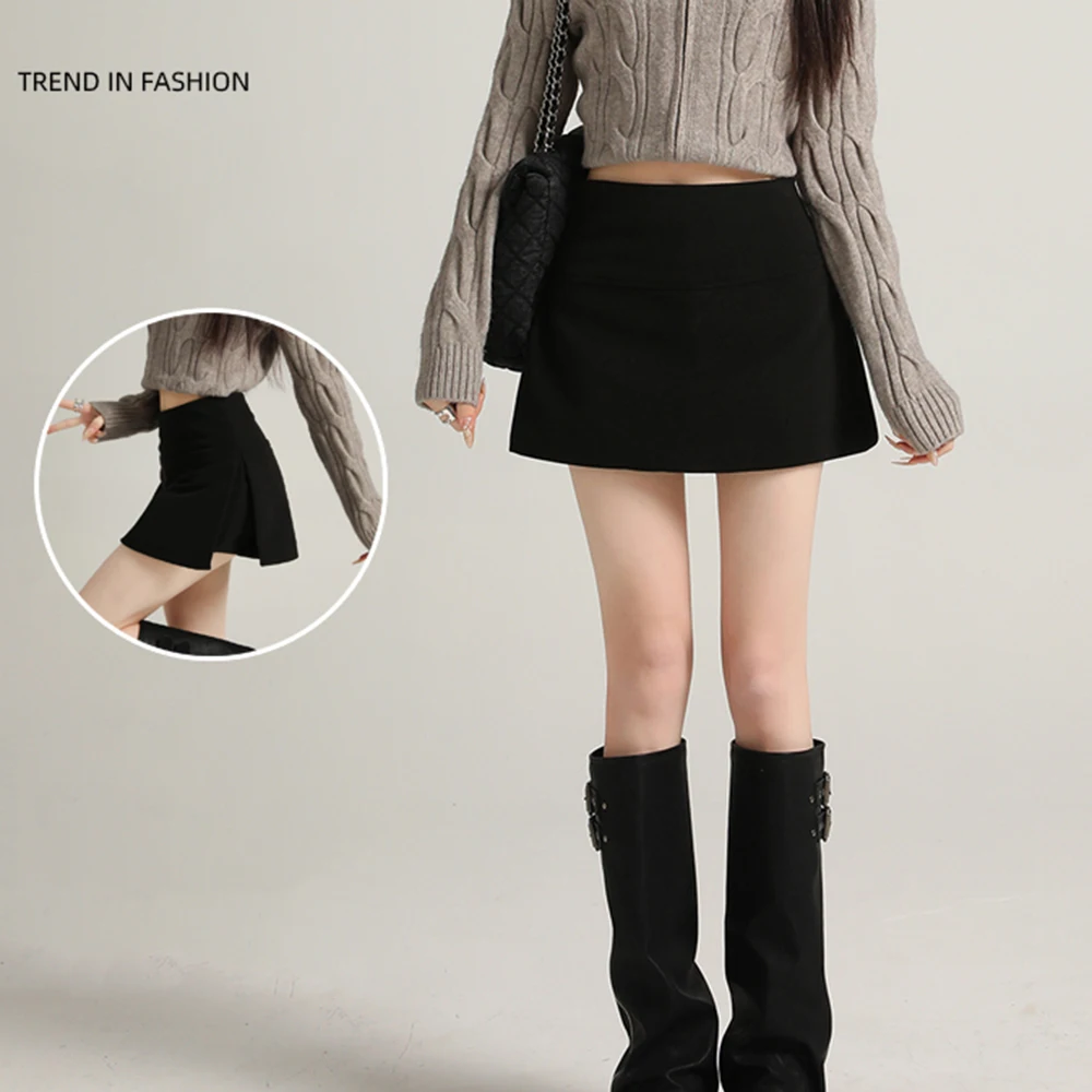 Ropa femenina falda de lana con parte superior dividida para mujer en otoño invierno falda acampanada de cintura alta vestido corto de media cadera para mujer