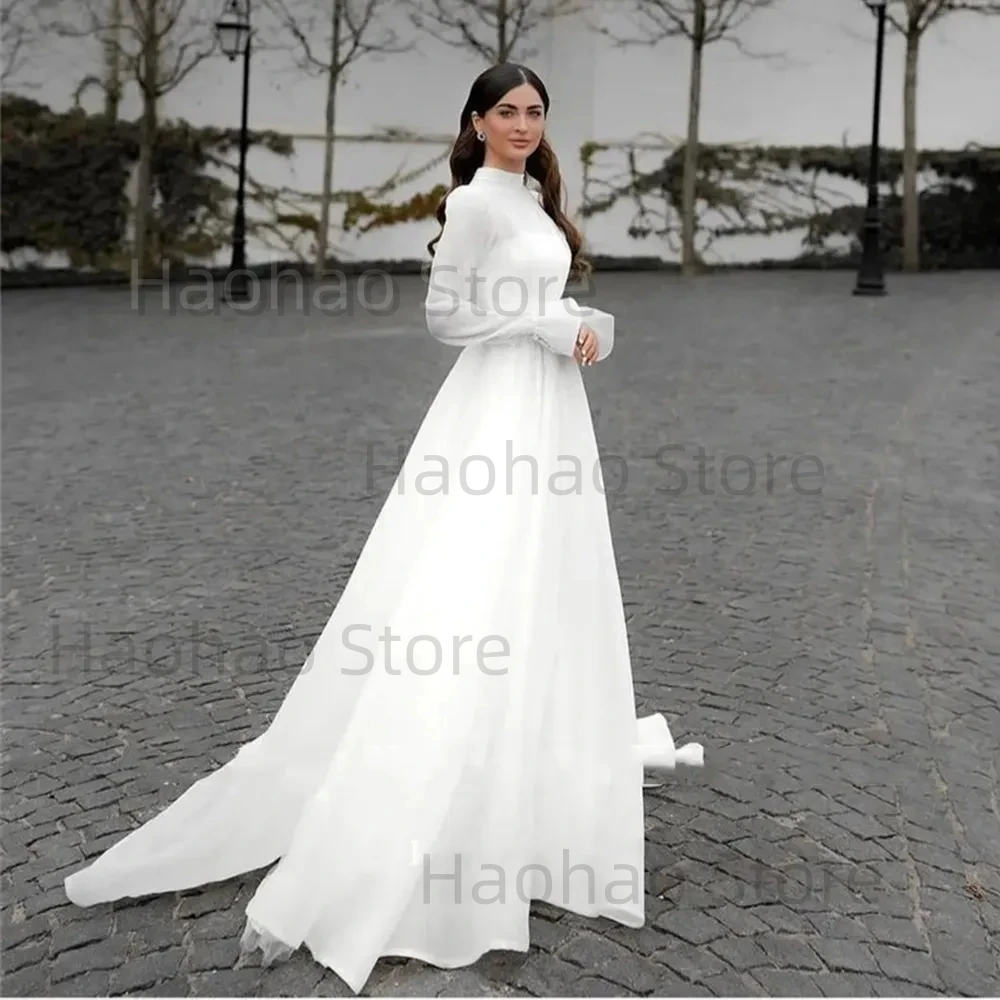 High Neck Wedding Dress Women 2023 Modest Long Sleeve Vestidos De Novia High Neck A Line Organza Bridal Gown Robe De Mariée