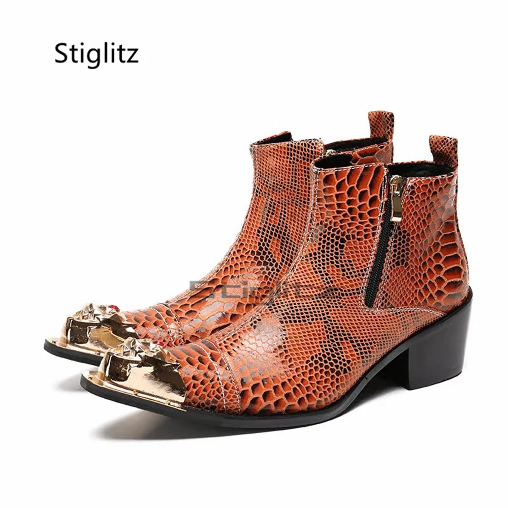 Snake Pattern High Heels Men's Boots Metal Toe Side Zipper Chelsea Booties Handmade High Top Business Dress Shoes Autumn Winter