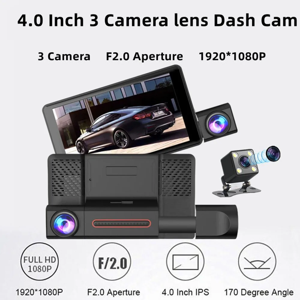 4.0 Inch 3-Lens Dash Cam Full HD 1080P Night Vision Car Recorder with Reverse Camera & Parking Monitor Loop Recording
