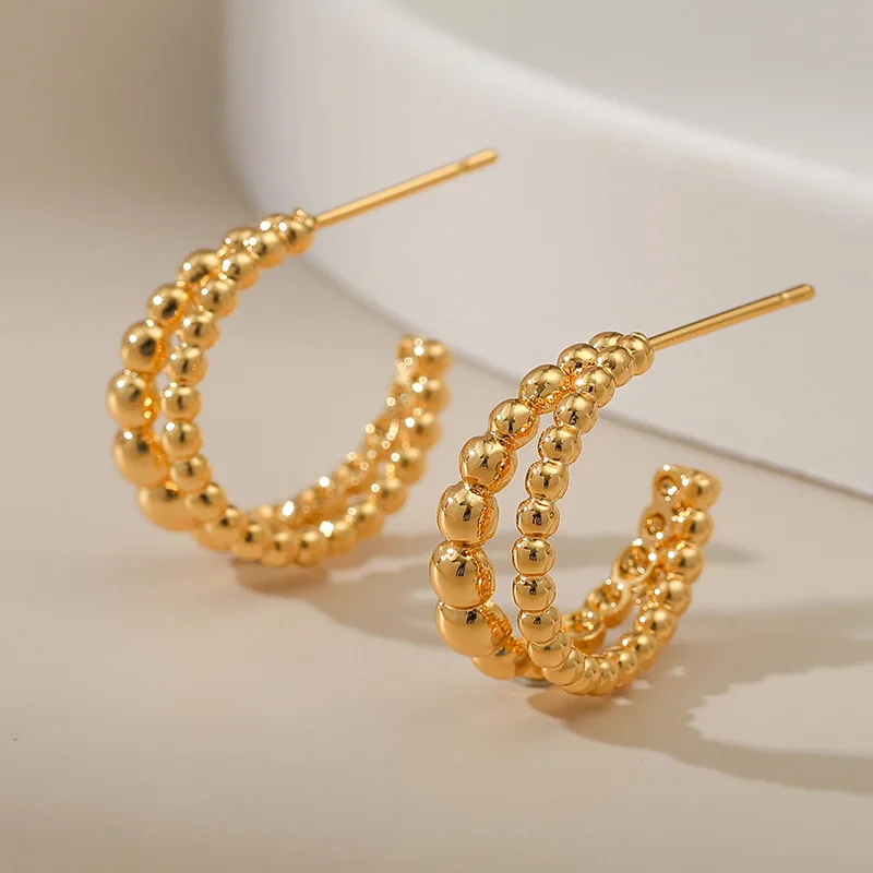 Trends Double Row Irregular Round Bead C-type 18k Gold Plated Earrings for Women Fashion Open Hoops Party Jewelry Gifts