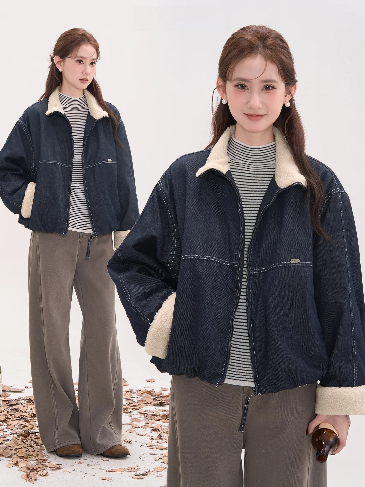 

Женская хлопковая фланелевая куртка Heme с воротником из овечьей шерсти, зимняя теплая, на молнии, повседневная, приталенная, короткая