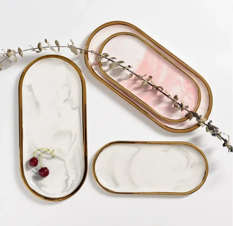 Nordic Marble Texture Tray Ceramic Oval plate Western Dish Dessert Jewelry Storage