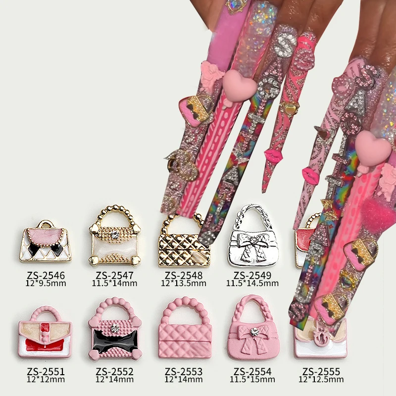 20pcs Mini Bag Nail Charms Luxury Metal Bag Art Jewelry Glitter Zircon Rhinestones Decorations Manicure Press On Nails Supply