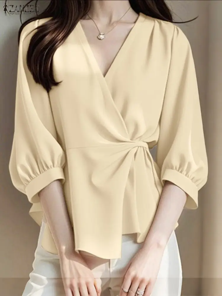 ZANZEA Women Lace-Up Cardigan Autumn V Neck Tops 2025 Fashion Office Work Shirts Elegant 3/4 Sleeve Tunic Casual Loose Pullovers