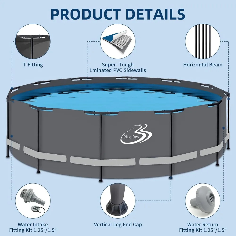 Conjunto de piscina acima do solo com estrutura de 15 pés x 48 pol. inclui bomba de filtro de 1000 GPH, tampa, escada, kit de manutenção, cinza, redondo