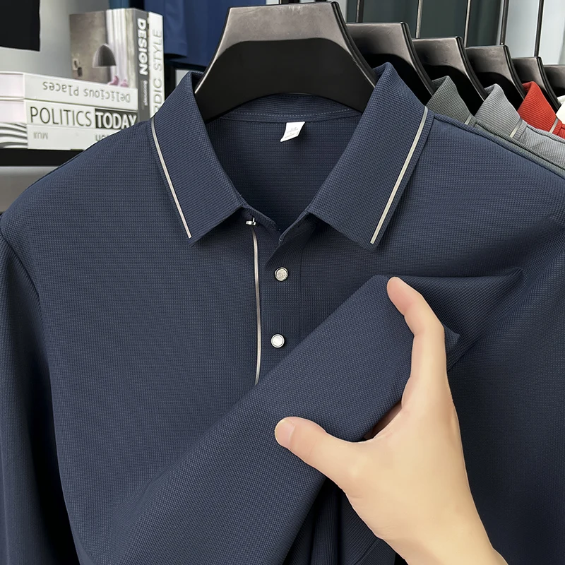 Men's Business Casual Polo Shirt Silky-Smooth Texture Premium Comfort Collared Long Sleeve Available in Black White Royal Blue