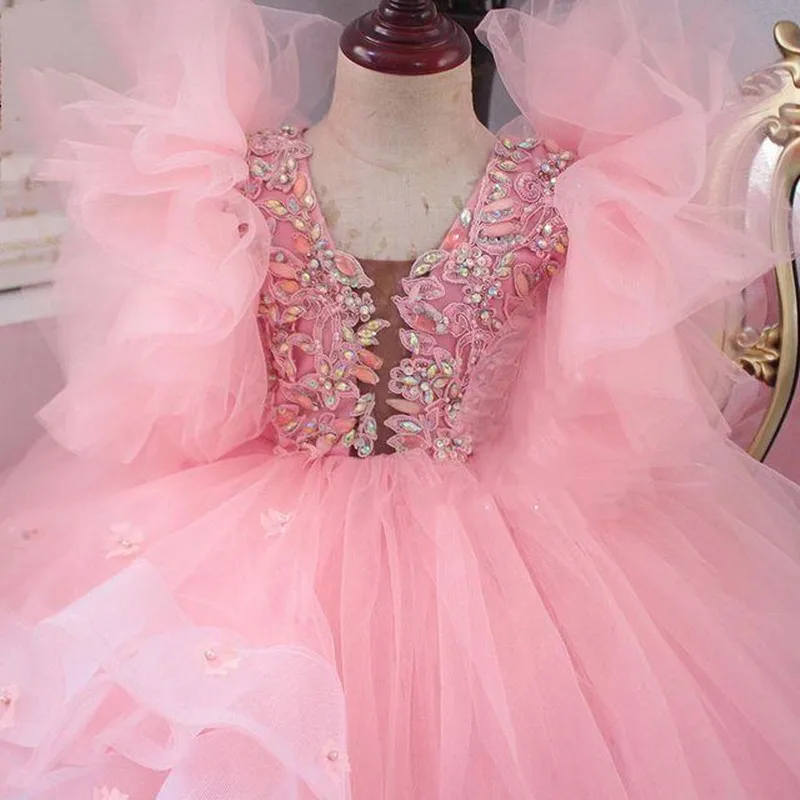 

Pink Lace Crystals 2022 Flower Girl Dresses Ball Gown Tulle Little Girl Wedding Dresses Cheap Communion Pageant Dresses Gowns