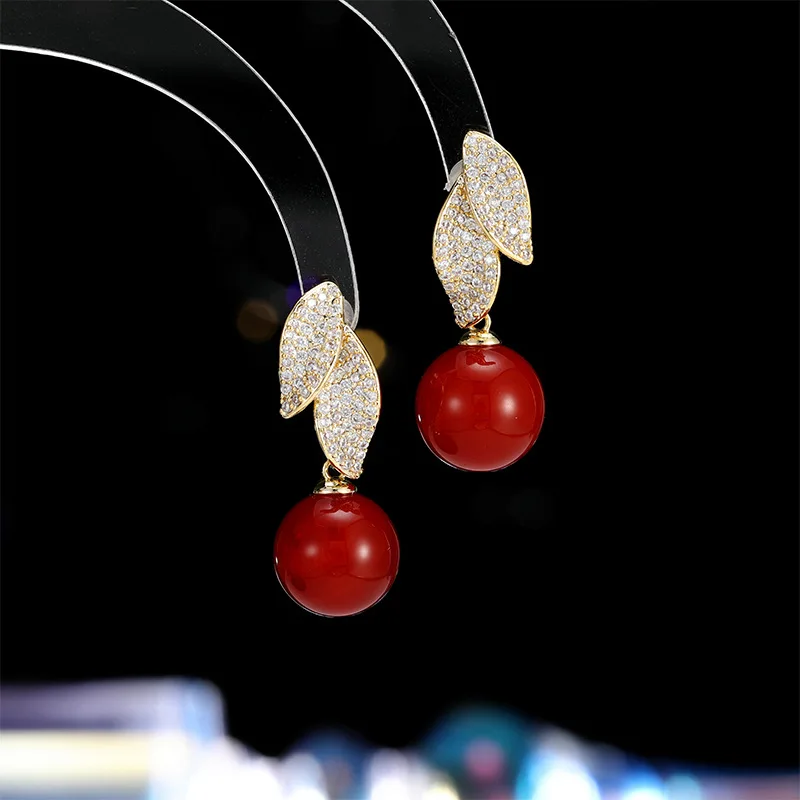 FXLRY Vintage Red Zircon Leaf 925 Silver Needle Christmas Earrings for Women Korean Style