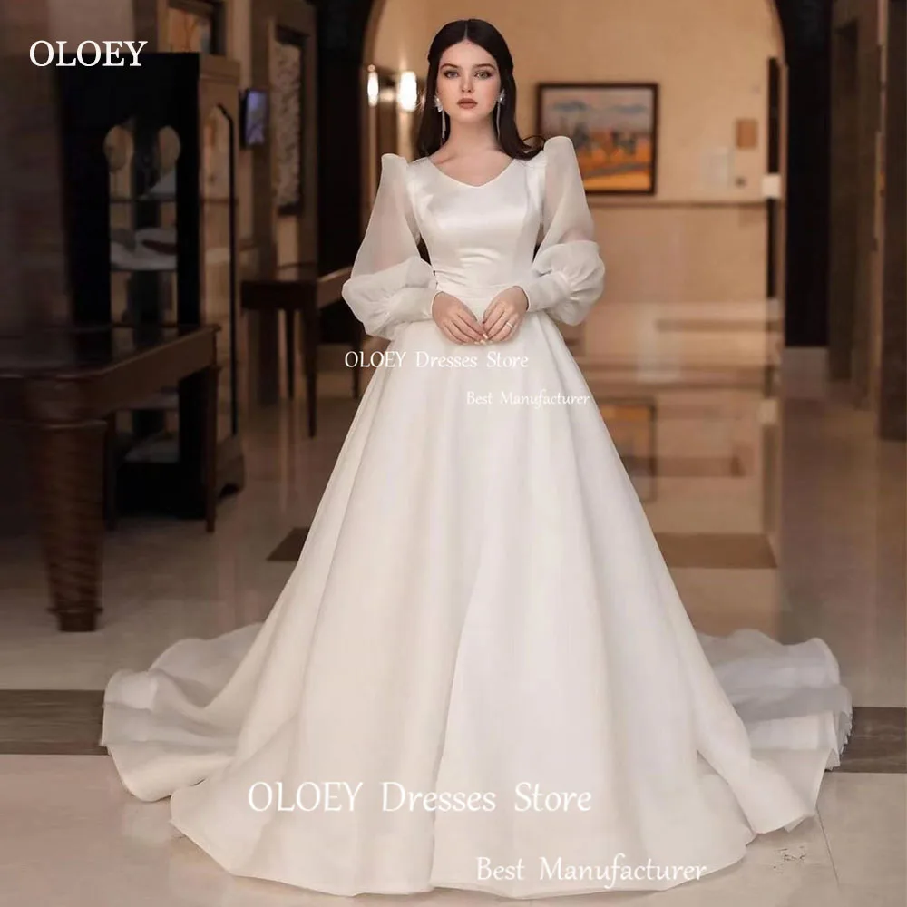 

OLOEY Elegant White Satin A Line V-Neck Wedding Dresses Photoshoot Long Lantern Sleeve Sweep Train Bridal Gowns Custom Made