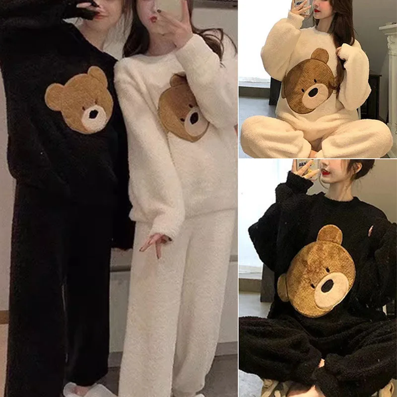 Pajamas Female Winter Flannel Long-Sleeved Thickened Padded Coral Fleece Long Hair Cute Black Bear Homewear Suit Women