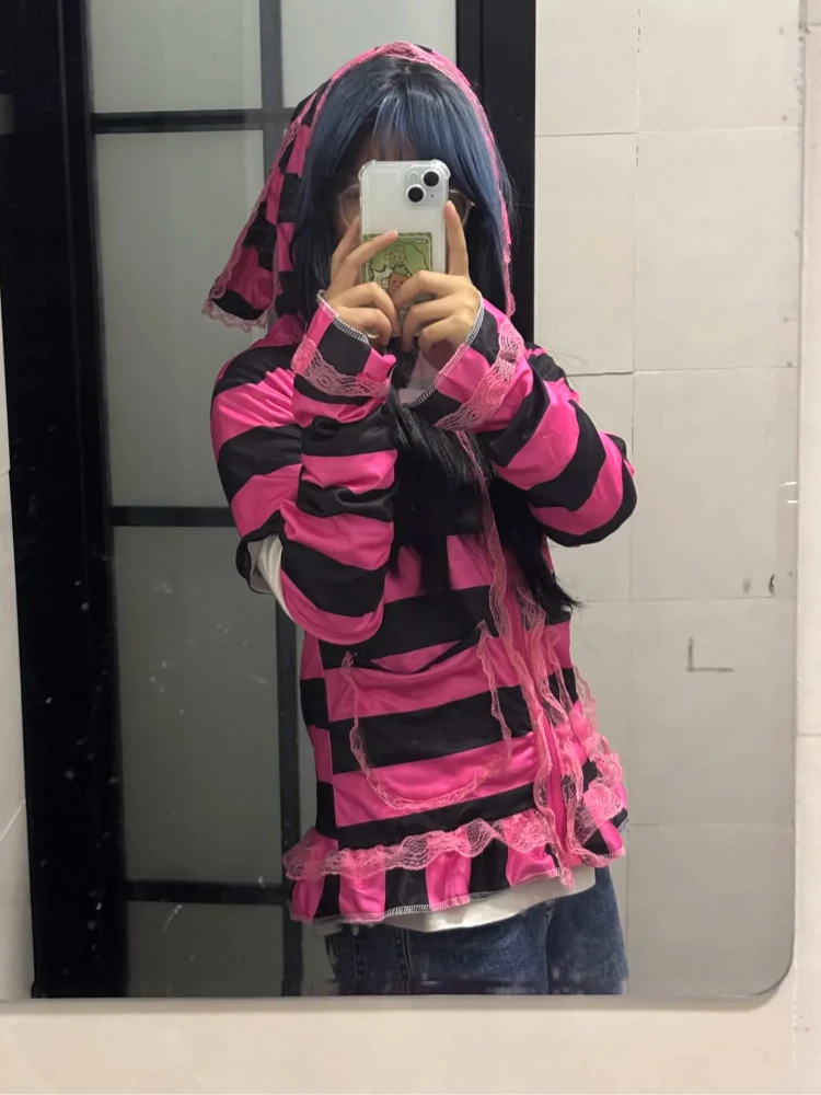 Y2K Dark Harajuku Striped Rabbit Ear Hoodie Women Pink Black Lace Trim Bunny Ears Zip Up Jacket Cute Pastel Goth Hooded Top