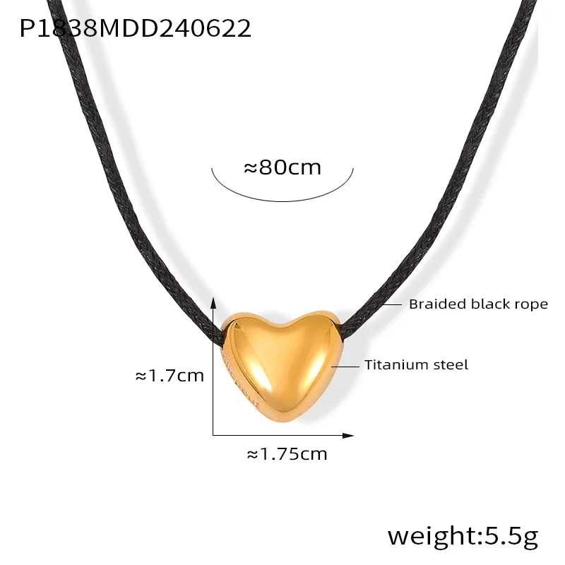 Simple Design Black Rope Heart Pendant Necklace Women's Luxury Gold Plated Stainless Steel Jewelry Accessories Wholesale