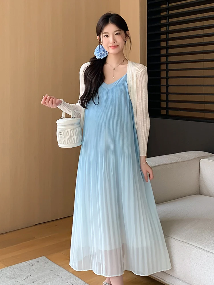 2024 Pregnant Women Clothes Set Blue Gradient Pleated Slip Dress +White coat 2pcs Sleeveless Casual Dress Maternity Clothes Set