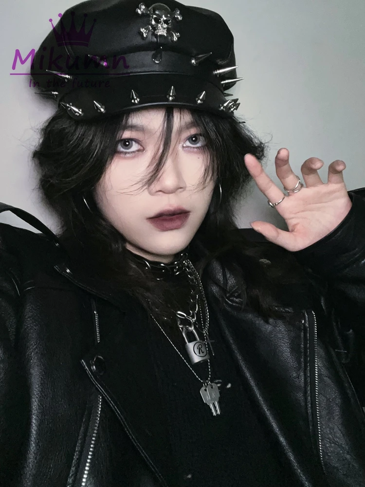 Miumn Harajuku Punk Style PU Leather Beret Hats Dark Gothic Grunge Skull Rivet Casual Black Caps Rock Chic Streetwear