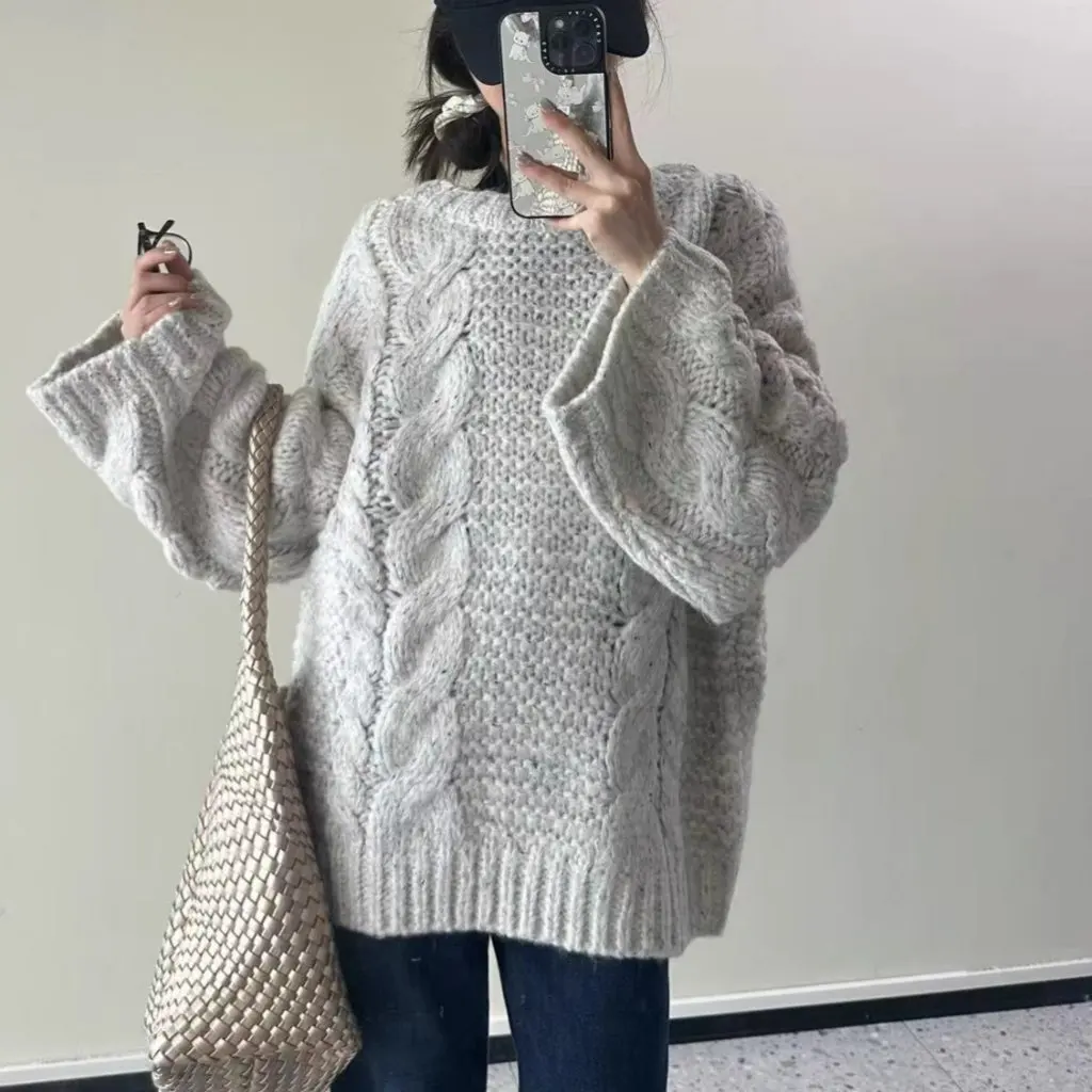

Women's Knitted Loose Sweater Round Neck Bell Sleeve Soft Autumn Winter Lazy Style Fashionable Casual Top INS Popular