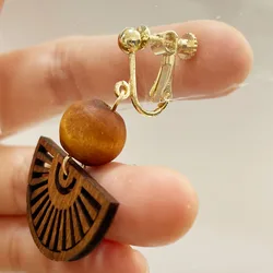 Hollow Out Flower Vintage Wooden Earrings African Women Jewelry Geometric Fan Shape Design Clip on Earrings No Pierced Wholesale