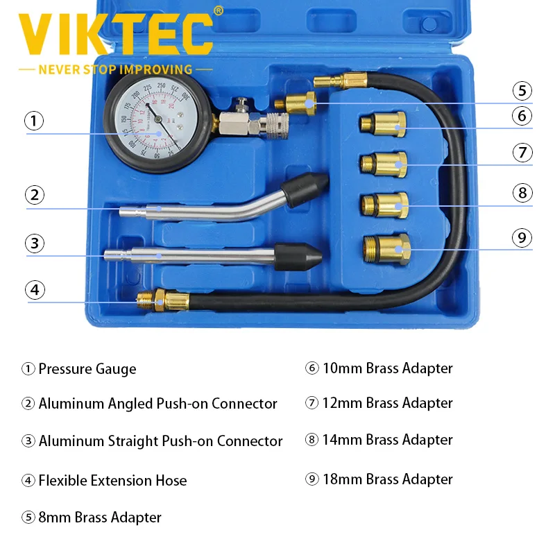 0-300PSI Engine Compression Tester Kit, 9pcs Engine Cylinder Pressure Gauge for Petrol Gas Engine for Petrol Gas Engine VT01053B