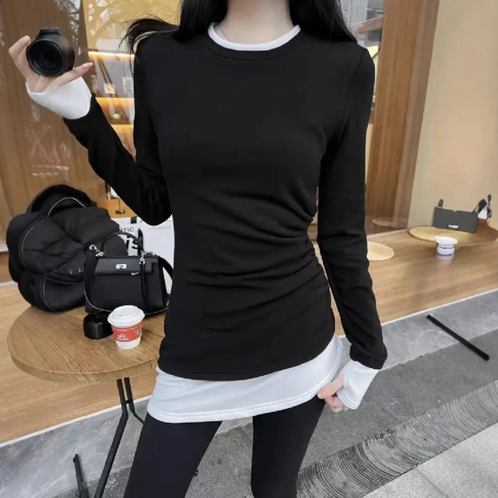 Thickened Long Sleeve Thermal T-Shirt Women's Korean Style Fleece Lined Mid-Length Big Size Fake Two-Piece Top for Autumn Win...