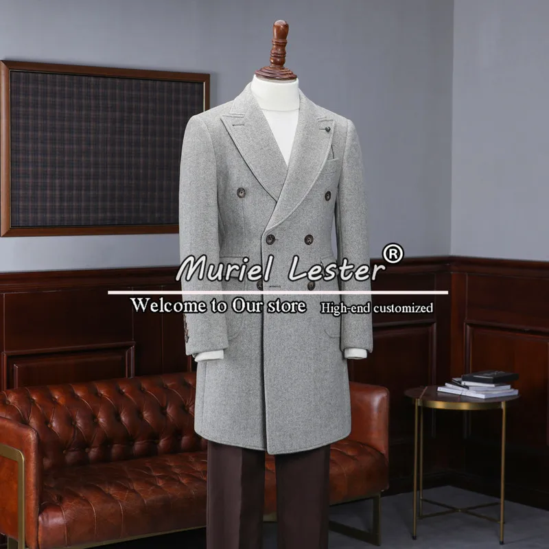 

Autumn/Winter Trench Coat Men Suit Jacket Formal Wedding Tuxedo Outwear Grey Double Breasted Overcoat Long Tweed Wool Blazer Set