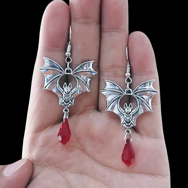 Gothic Vampire Bat Earrings for Women Man Fashion Witch Jewelry Accessories Red Crystal Vintage Bat Pendant Ear Hooks