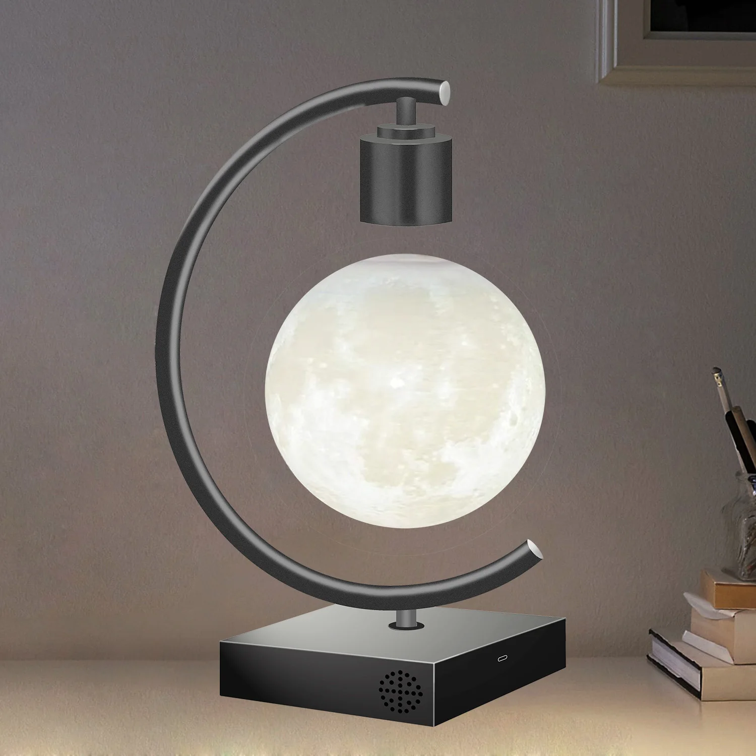 Imagem -03 - Lâmpada Magnética Levitating Moon Lâmpada Led Flutuante Candeeiros de Mesa com Carregador Rápido 18w e Alto-falante Bluetooth Novo