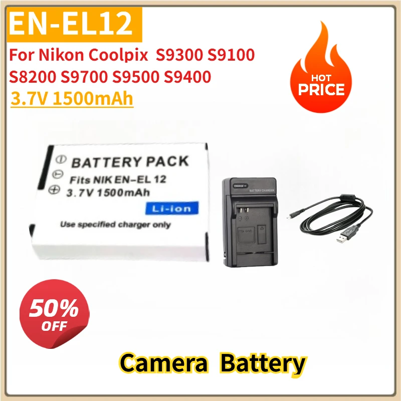 

New Replacement Camera Battery EN-EL12 ENEL12 3.7V 1500mAh + Charger for Nikon Coolpix S9300 S9100 S8200 S9700 S9500 S9400