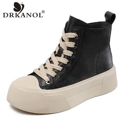 DRKANOL Autumn Winter Chunky Platform Ankle Boots Women Genuine Leather Lace-Up Zipper High Top Thick Sole Casual Board Shoes