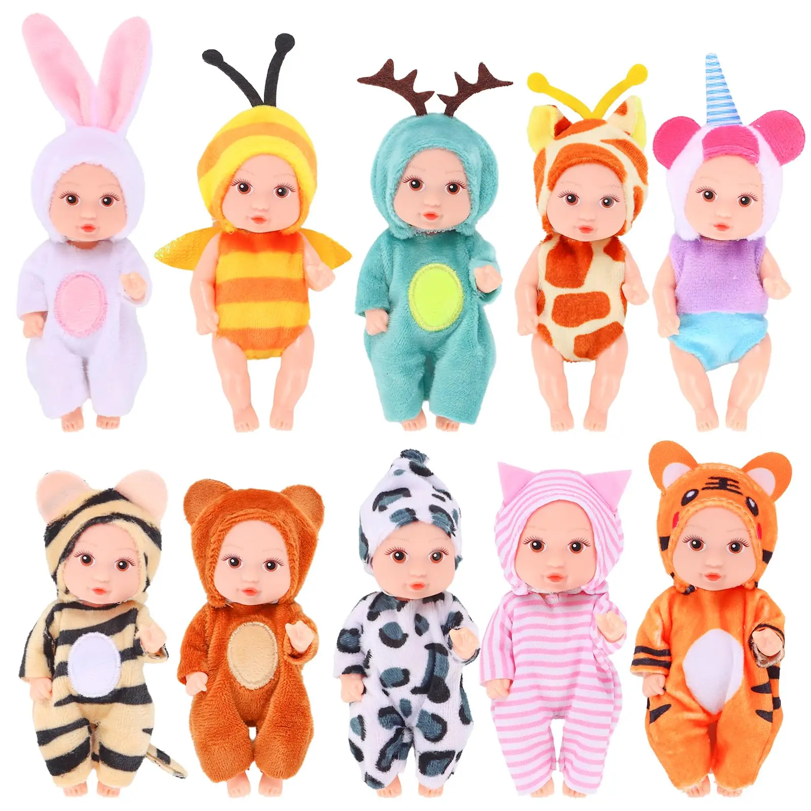 

10 Pcs 4 Inch Mini Baby Dolls Playset Lifelike Realistic Baby Dolls with Handmade Animal Clothes Cute Small Baby Doll Gifts Set