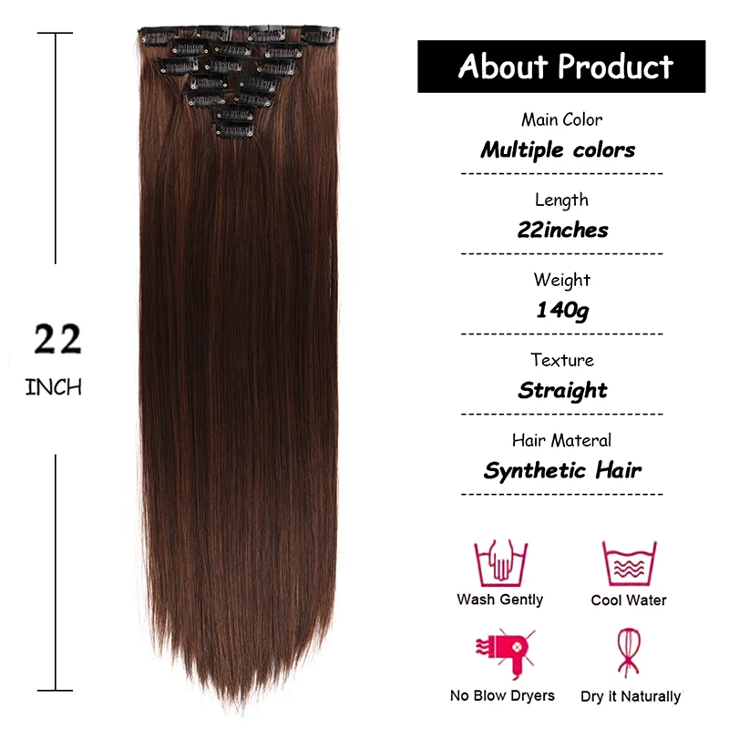 Extensiones de cabello con Clip recto, 7 Uds., extensiones de cabello suave, extensiones de cabello negro, extensiones de cabello grueso con Clip de 22 pulgadas