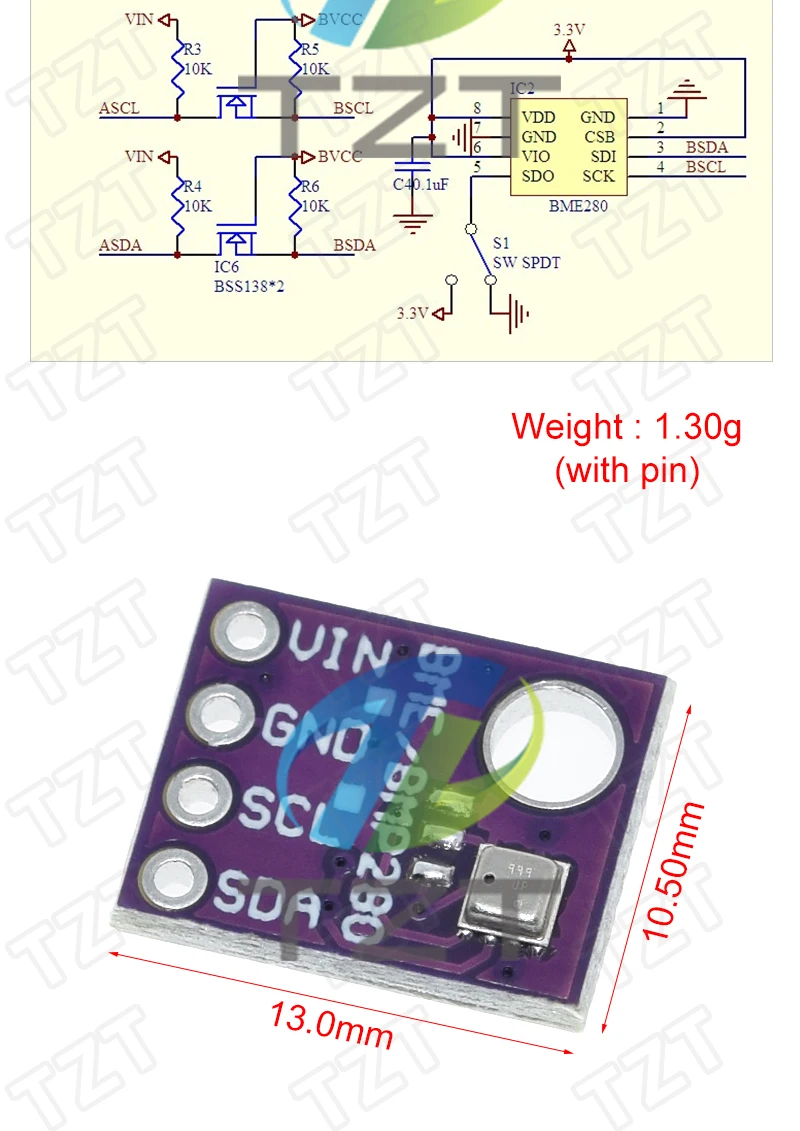 TZT BME280 3,3V 5V Digitale Sensoren Temperatur-Feuchtigkeits-Barometerdruck-Sensormodul I2C SPI 1,8-5V BME280 Sensormodul – Detail 3