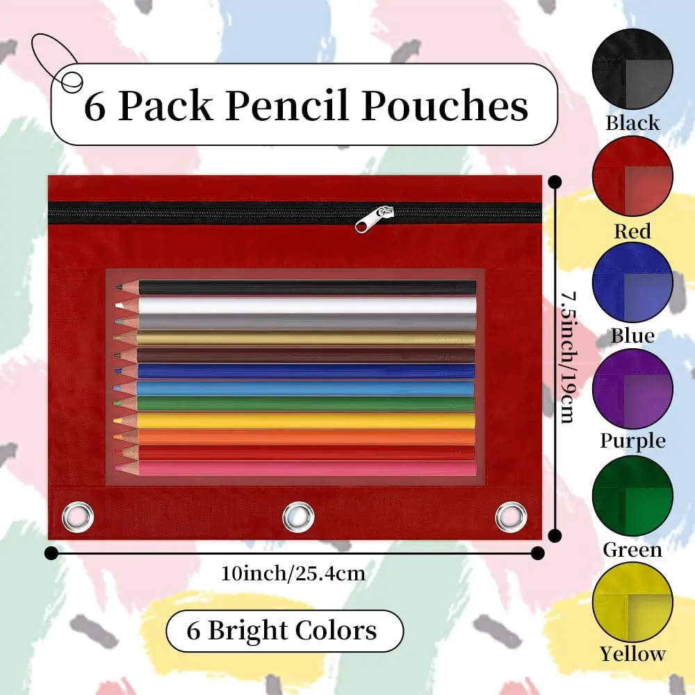 Pencil Pouch for 3 Ring Binder, 6 Pack Multicolors Zipper Pencil Pouches, Clear Window Pencil Case for Binder, 3 Hole Pen Pouch