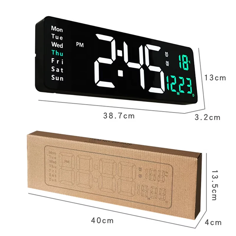 Large Electronic Wall Clock Remote Control Temp Date Week Display Dual Alarms Wall-mounted 12/24H LED Alarm Clock for Home Decor