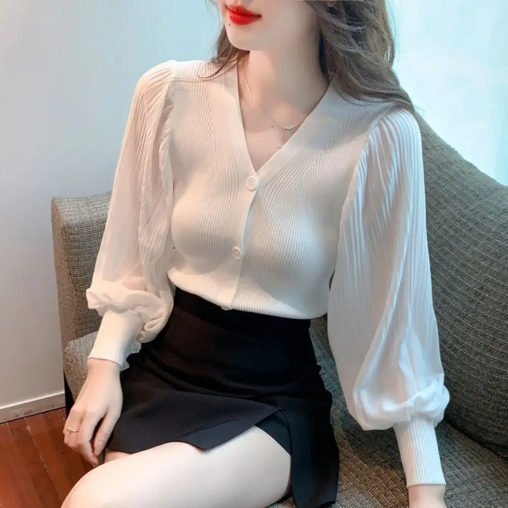 

Comfortable Elegant Long Sleeved Chiffon Shirt Sweet Thin Puff Sleeve Cardigan V Neck Blouse Knitted Top Women Daily