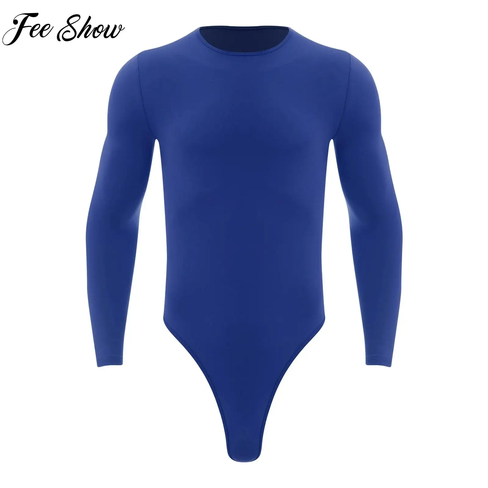 Men Ballet Leotard Round Neck One Piece Long Sleeve Press Buttons Gymnastics Bodysuit Gym Skating Fitness Workout Jumpsuit