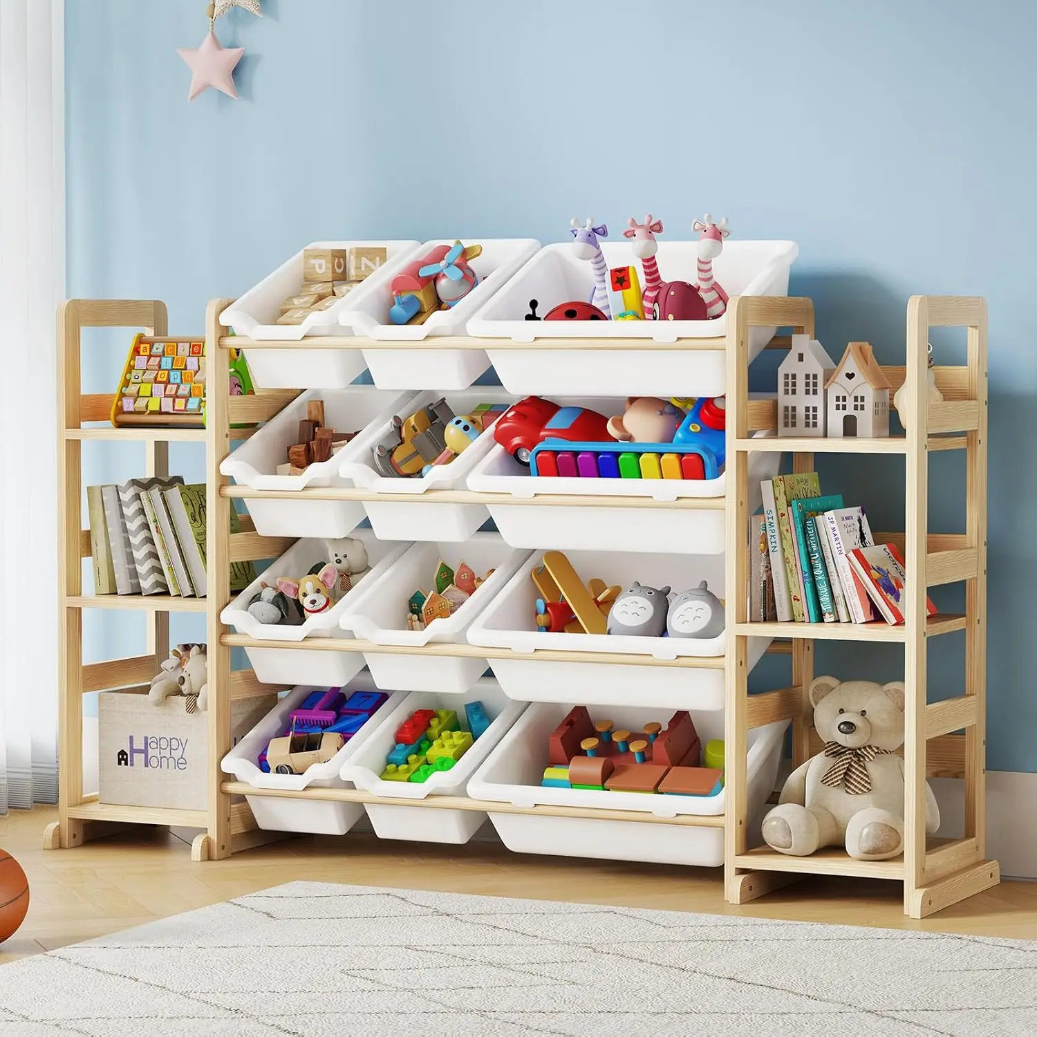 

Toy Storage Organizer, Wooden Toy Organizer 6 Side Shelves and 12 Storage Bins, 3-in-1 Toy Storage and Bookshelf for Kids Rooms