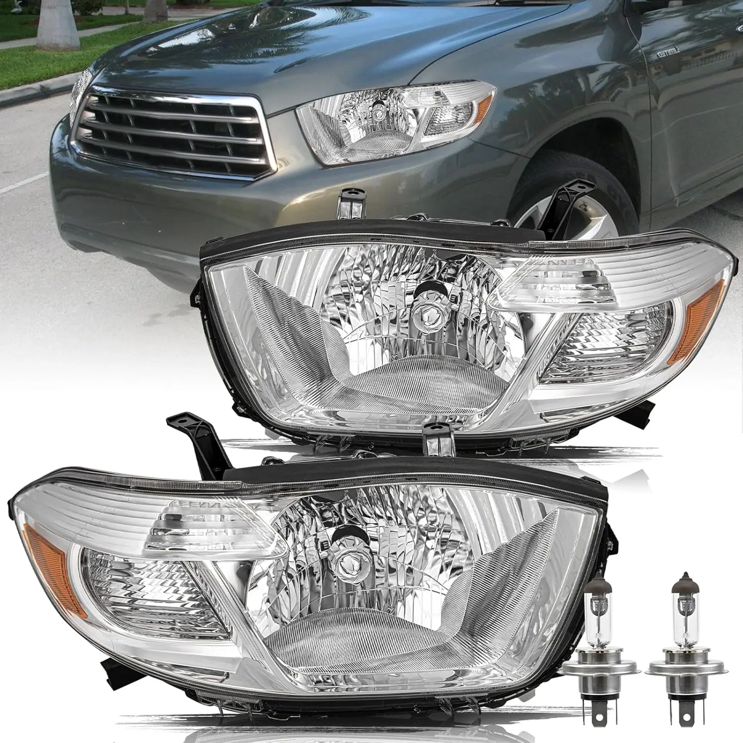 Replacement Halogen Headlight Assembly Kit for 2008-2010 Toyota Highlander Chrome, Driver and Passenger Side, Bulbs Included