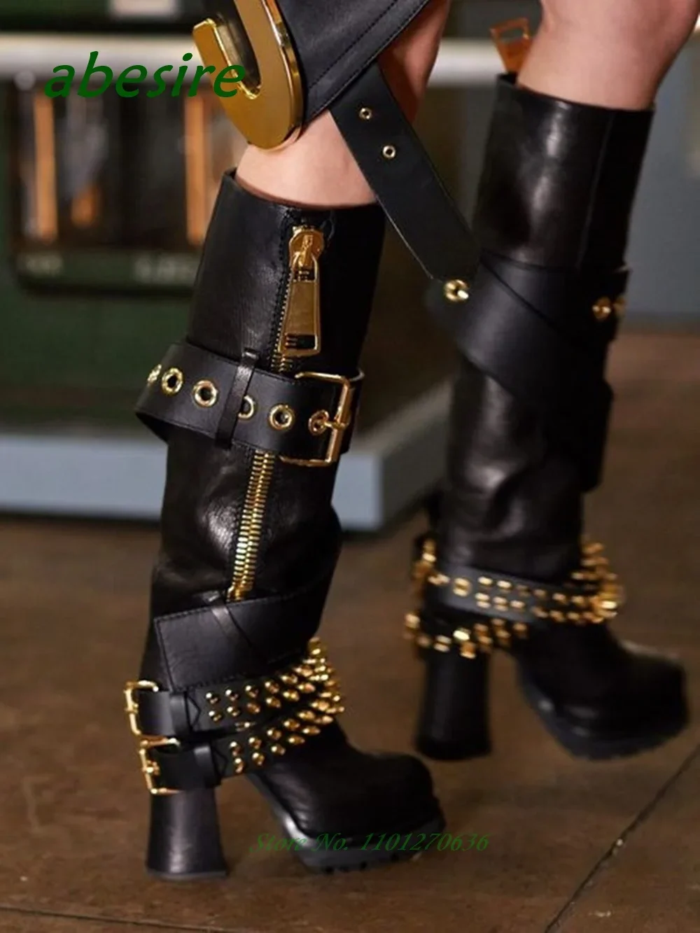 

Black Gladiator Rivet Knee High Boots Round Toe Platform Chunky Heels Women's Boots Belt Buckle Side Zipper Runway Party Shoes