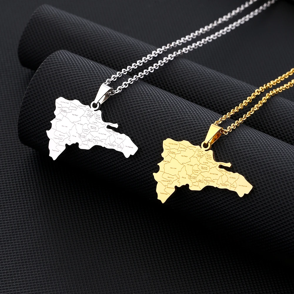 República Dominicana Map City Pendant Necklace Stainless Steel Men Women Dominican Map Jewelry Gold Color Steel Color Gift