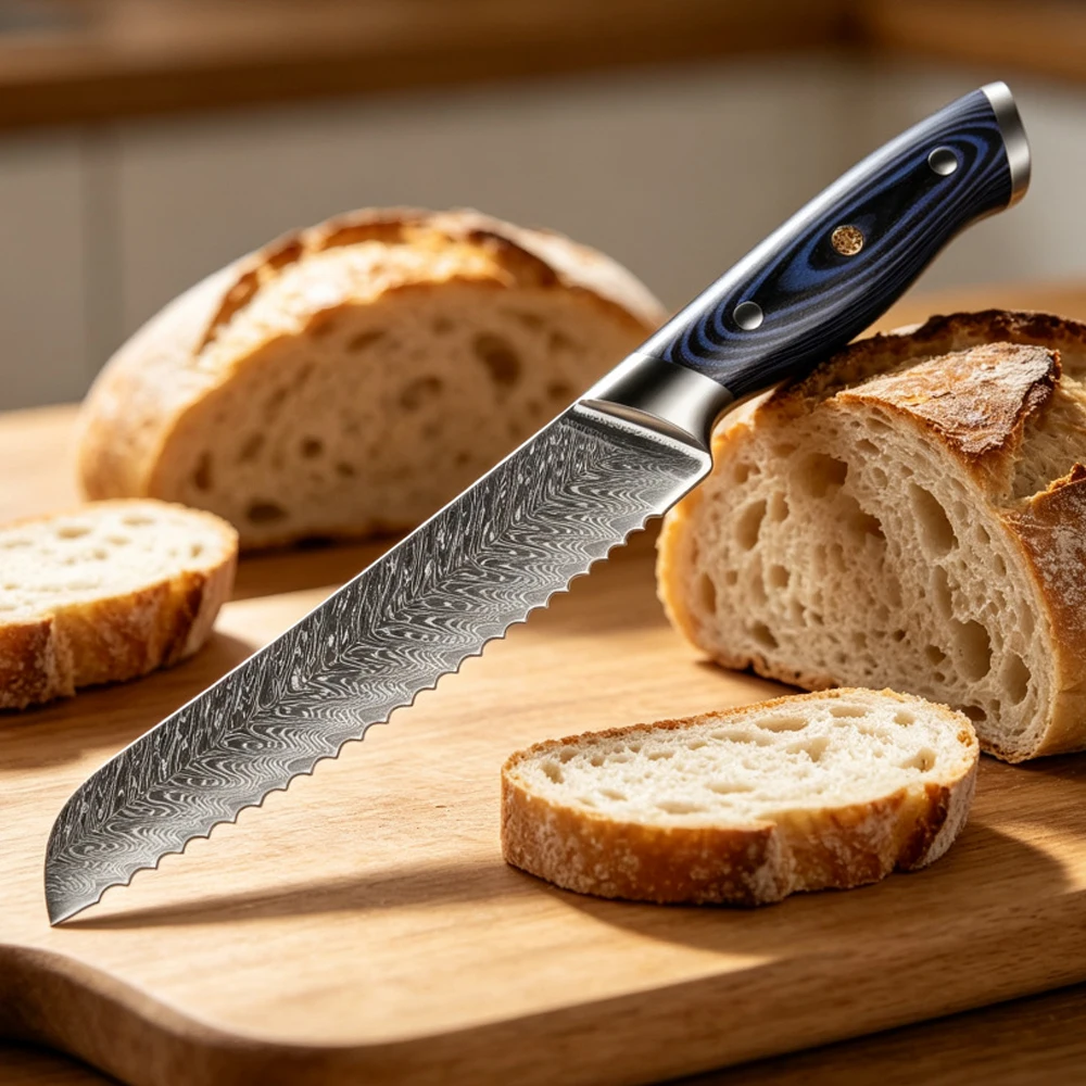 XITUO Damascus Steel Bread Knife 8 inch Serrated Kitchen Knife Cutter For Cutting Bread Cheese Cake Baking Knife Blue G10 Handle